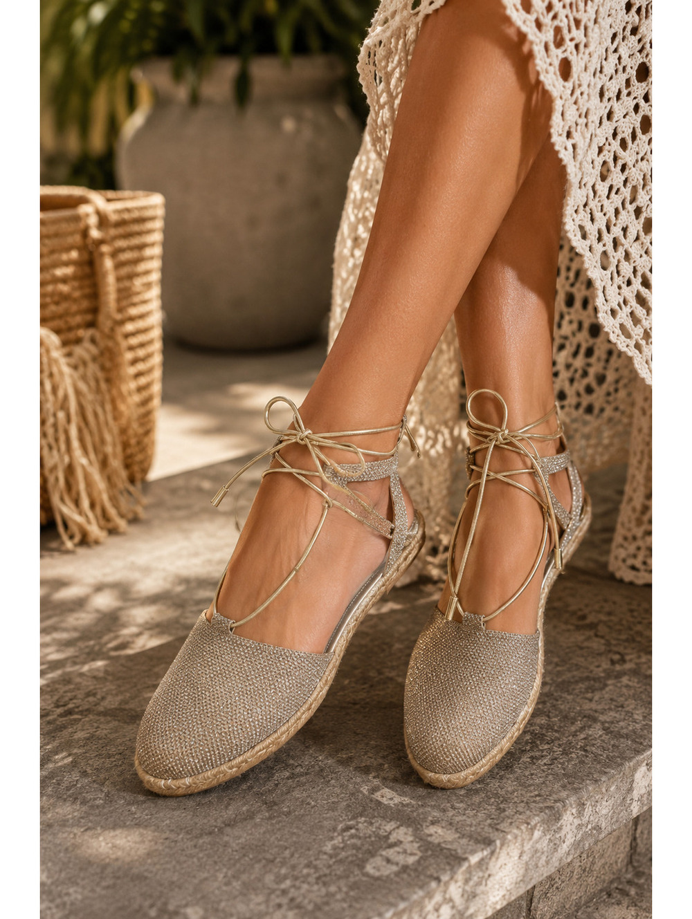 Stewart Weitzman Metallic Lace-Up Espadrille Booties